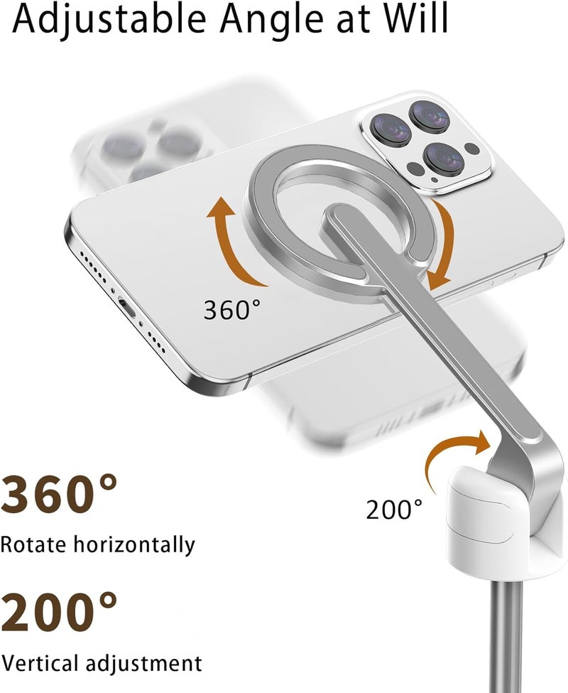 TONEOF حامل ثلاثي القوائم مع عصا سيلفي مغناطيسية بطول 68 بوصة مع حامل مغناطيسي قوي من الألمنيوم لماغسيف، حامل هاتف للسفر قابل للدوران 360° مع حلقة معدنية وجهاز تحكم عن بعد قابل لإعادة الشحن لهواتف آيفون/أندرويد (أبيض) - Image 3